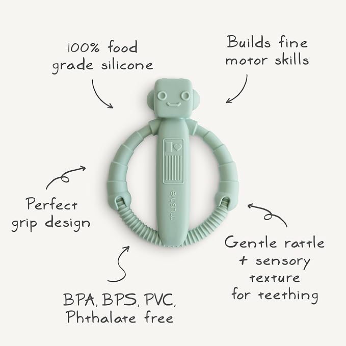 mushie Silicone Baby Robot Rattle Teether Toy
