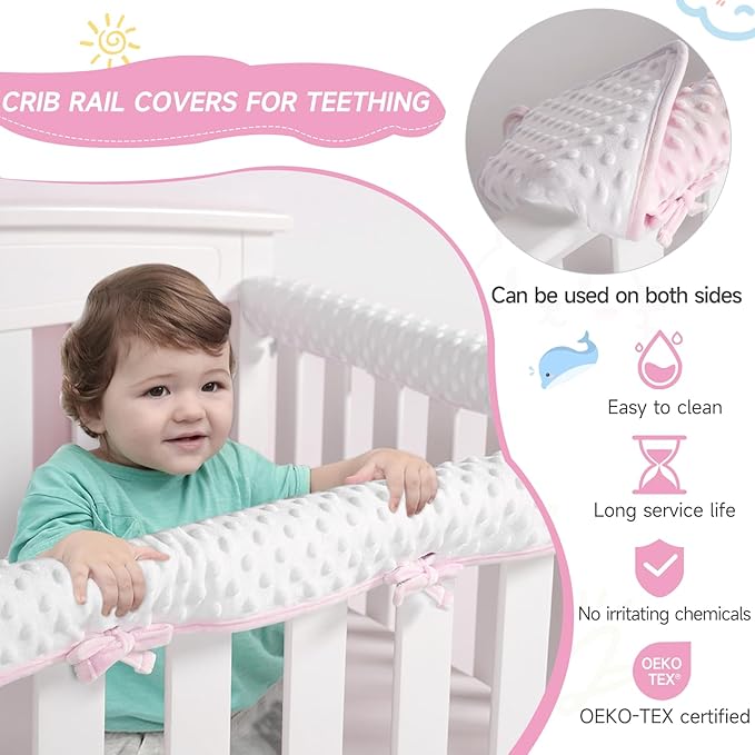 Plush Pink 3pcs New Teething Edge Crib Rail Cover&Corner Guard Coverage Straps,Reversible Guardrail Cover Protector for Boys Girls(1 Long 2 Short)