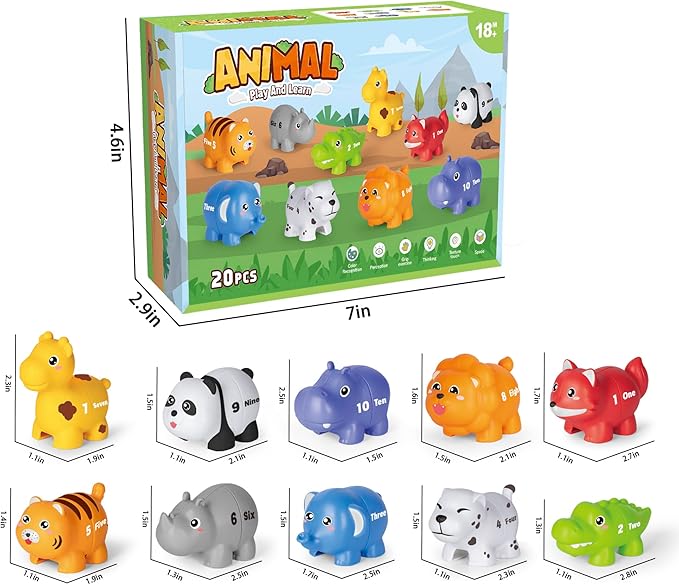 20PCS Animal Number Matching Learning Toys for Toddlers 2-4, 10 Different Animal Figures, Montessori Educational Toys Gifts for Boy Girl, Preschool Learning Activities, Double Sided Matching Game