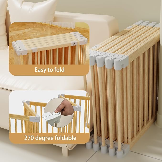 Baby Playpen, Foldable Wooden Play Yard with Gate, Playpen for Babies and Toddlers, Adjustable Baby Activity Center with Child Proof Lock, Fence Play Area for Toddlers 6 to 36 months(56*83*24inch)