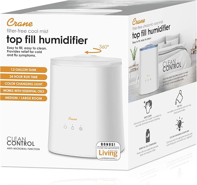 Crane Top Fill Ultrasonic Cool Mist Humidifier for Bedroom and Large Rooms, 1.2 Gallon Essential Oil Diffuser with Nightlight and Auto Shut-Off