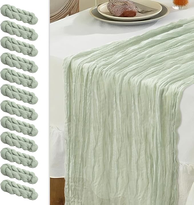 Le courant 12pcs 10Ft Cheesecloth Table Runner, Rustic Boho Gauze Cheese Cloth Runner Table Runner for Weddings Bridal Baby Shower Birthday Holiday Parties Home Decor, Sage Green