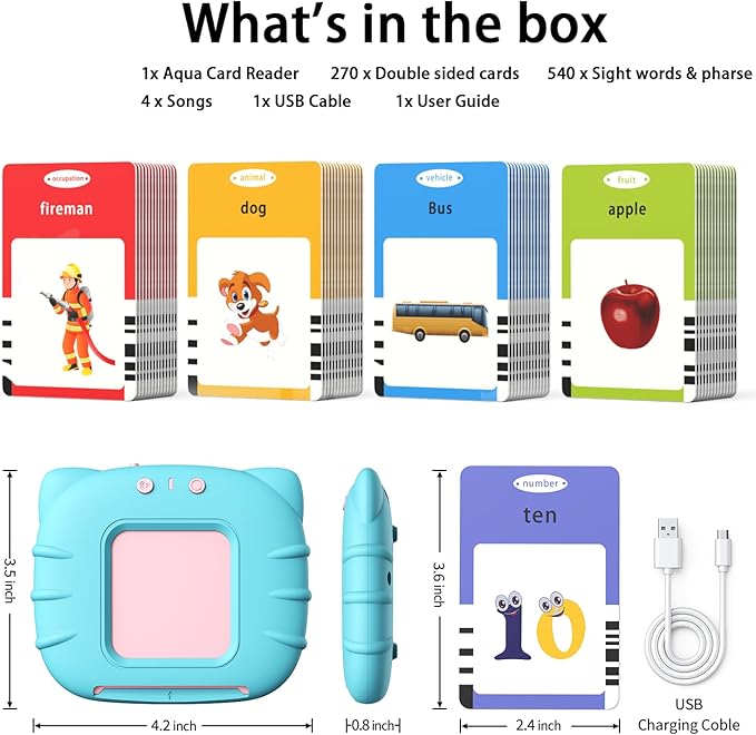 Kidzdo 540 Sight Words Talking Flash Cards with Music, Christmas Birthday Easter Gifts for 2 3 4 5 6 Years Old Boys and Girls, Pocket Speech Therapy Toys, Montessori Educational Learning Toys, Aqua