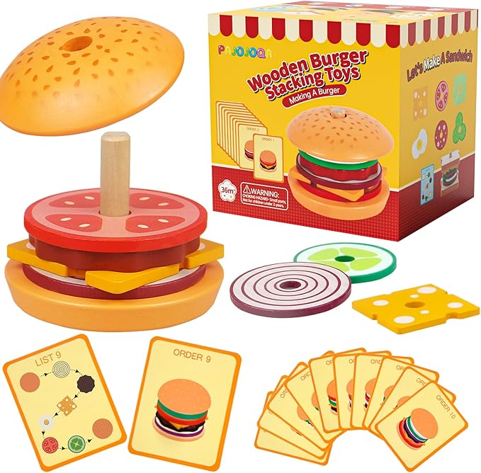 Wooden Burger Toys Montessori Toys for Toddlers Preschool Education Activity Board Game Early-Education Matching Speed Race Pretend Toy Food Back to School (Burger)
