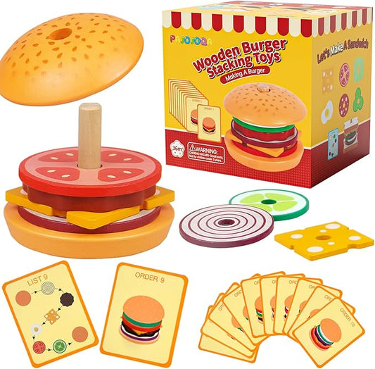 Wooden Burger Toys Montessori Toys for Toddlers Preschool Education Activity Board Game Early-Education Matching Speed Race Pretend Toy Food Back to School (Burger)