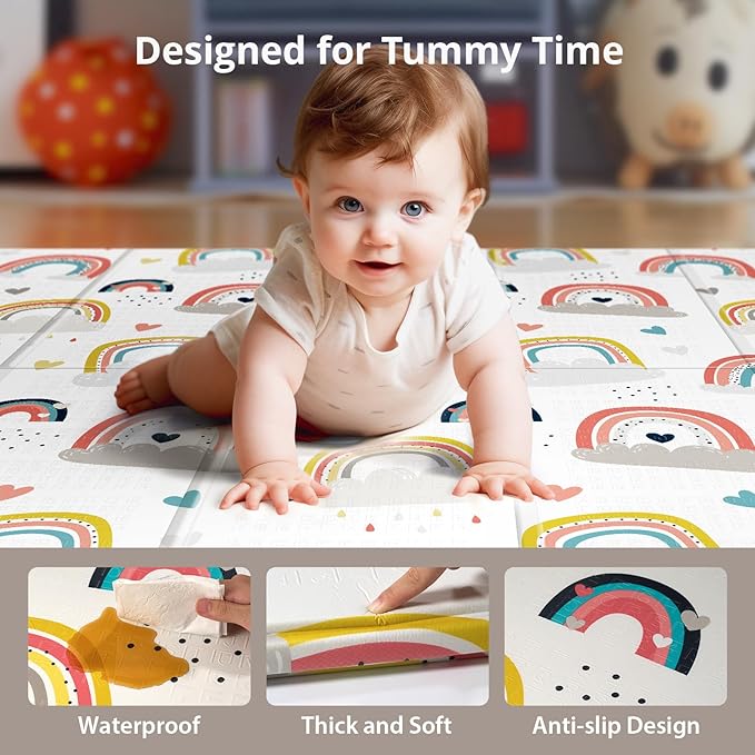 79 x 71 Baby Play Mats for Floor, Foldable Foam Play Mat for Babies 0-12 months,Thick & Waterproof Playmate for Baby, Non Toxic Baby Tummy Time Activity Playmat, Reversible Playpen Mat for Infant