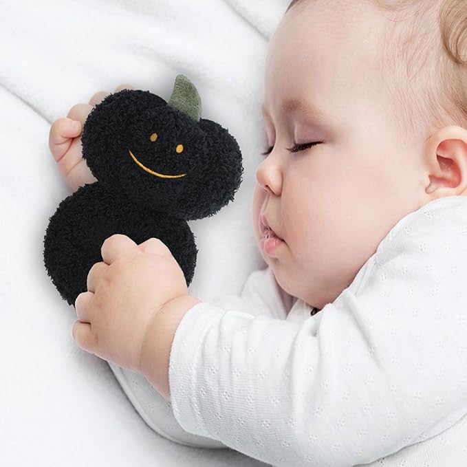Baby Pumpkin Soft Rattle Toy, Plush Pumpkin Infant Shaker Rattle Easy-Grasp Stuffed Animal Toy, Gifts for Newborns Babies Toddlers Boys Girls, Black, 6 Inches