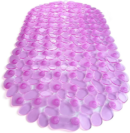 “Pebbles” Non-Slip Bathtub & Shower Mat 27”x14” Oval - Non-Toxic - Safe, Clean, Machine-Washable, Superior Grip & Drainage, Vinyl, for Smooth Floors ONLY, Transparent Pink