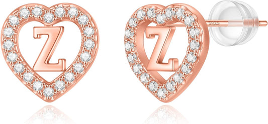 Initial Heart Earrings for Girls, Sterling Silver Post Silver/Rose Gold Heart Initial Stud Earrings for Little Girls Kids Baby Earrings Non Tarnish Hypoallergenic Earrings for Teen Girls Gifts Jewelry