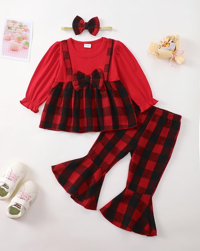 Kucnuzki Toddler Baby Girl Clothes Outfit Long Sleeve Plaid T Shirt Top Flare Leggings Pants 2 Piece Outfit Kids Clothes