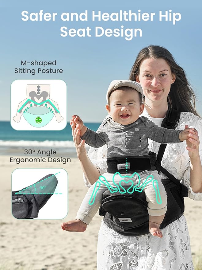 Baby Hip Carrier, GROWNSY Supportive Hip Carrier with Safety Belt for Baby Toddler Up to 50lbs, Large Capacity Pockets, Adjustable Waistband for Different People, Black