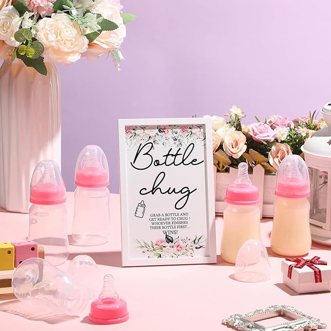 Roowest Bottle Chug Baby Shower Game Favors Including Flower Theme Bottle Chug Game Wooden Sign and 18 Pcs Pink Baby Bottles for Baby Shower Game Gender Reveal Party Supplies
