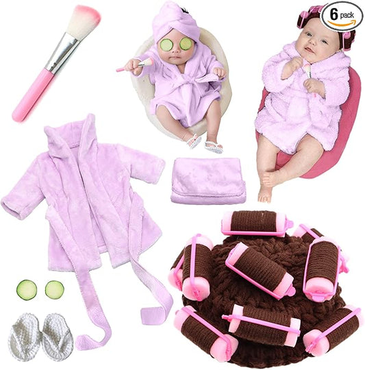 SPOKKI Newborn Photography Props Newborn Girl Photoshoot Outfits Crochet Baby Curler Hat with Makeup Brush for Infant Boys Girls (Purple)