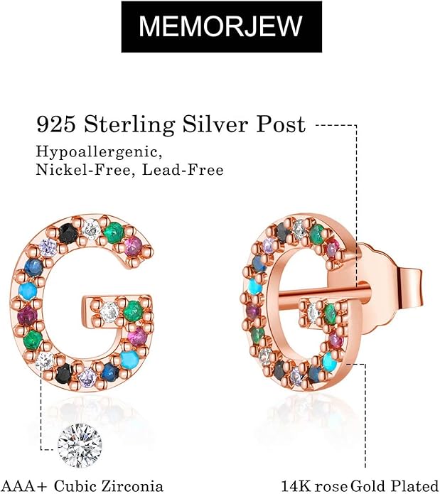 Memorjew Initial Stud Earrings for Women, Hypoallergenic 925 Sterling Silver Post Rainbow Cubic Zirconia Gold Plated 26 Initial Earrings for Women Jewelry Gifts