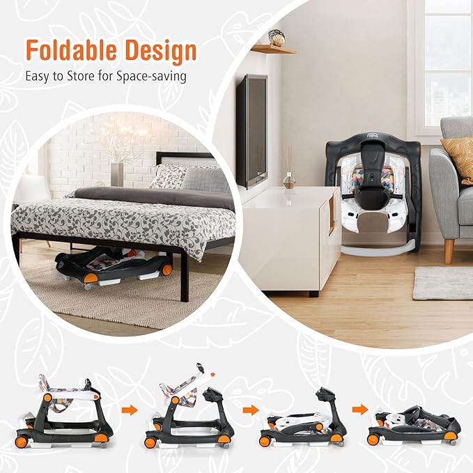 BABY JOY 2 in 1 Baby Walker, Foldable Activity Walker with Adjustable Height & Speed, Music, Lights, Mirrors, Padded Seat Cushion, Activity Baby Push Walker for Toddler Boys Girls, Ages 6-18 Months