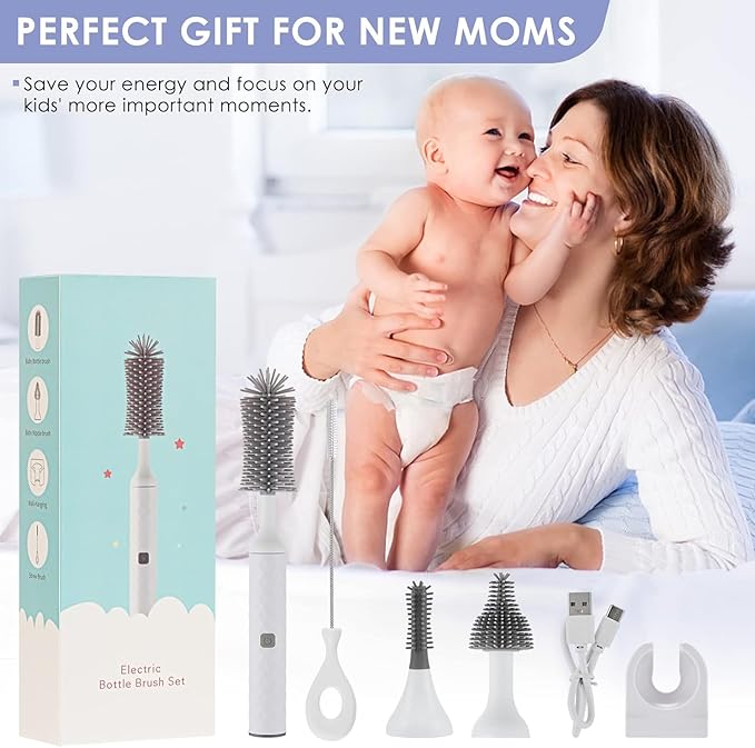 Electric Baby Bottle Brush Set with Electric Bottle Brush and Silicone Bottle/Nipple Brush, Long Straw Cleaner, Rechargeable Bottle Cleaner Electric,Waterproof Water Bottle Cleaner,White