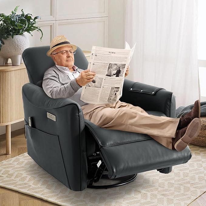Swivel Glider Rocking Recliner, Power Recliner Chairs with Massage & Lumbar Support, Upholstered Faux Leather Reclining Sofa Chair for Living Room & Nursery (Darkgrey)