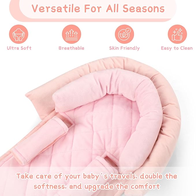 Baby Car Seat Head Body Support & Strap Covers, 2 in 1 Infant Car Seat Insert, Reversible Soft Breathable Newborn Cushion Pads for Preemie, Perfect for Baby Carseats, Strollers, Swings (Light Pink)