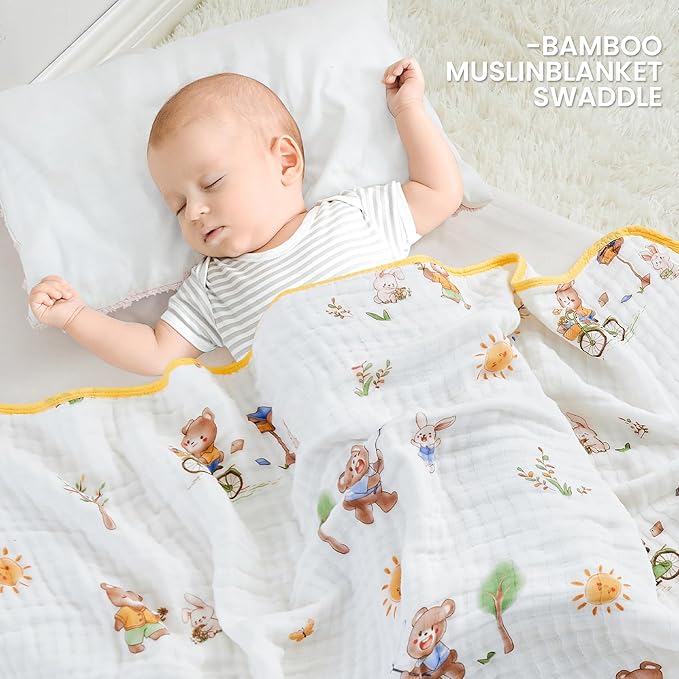 Luxury Muslin Baby Blanket, Cozy Swaddle, 6-Layer Cotton Receiving Blanket for Newborn Infant, 43x43 Inch Lightweight Breathable Crib Blanket, Nursery Stroller Toddler Quilt, Bear Print