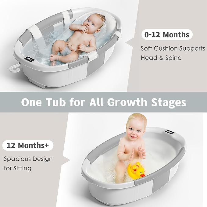 Collapsible Baby Bathtub for Newborn to Toddler 0-36 Months,Extra Large Foldable Infant Bath Tub with Thermometer,Cushion & Drain Hole,Portable Travel Tub, Baby Shower Gift Grey