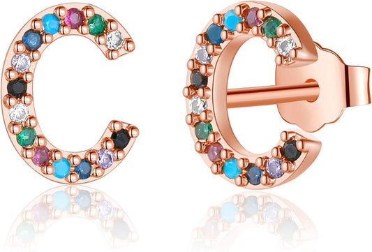 Memorjew Initial Stud Earrings for Women, Hypoallergenic 925 Sterling Silver Post Rainbow Cubic Zirconia Gold Plated 26 Initial Earrings for Women Jewelry Gifts