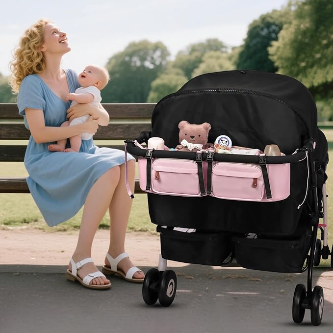 Double Stroller Organizer for Bob Duallie and Baby Jogger City Mini GT2, Double Stroller Caddy Organizers with Cup Holder and 2 Cooler Pockets Parent Console Double Stroller Accessories