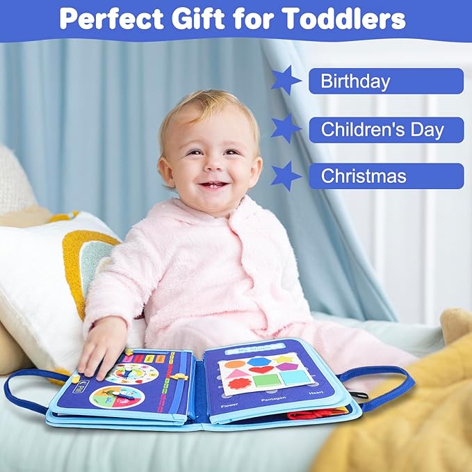 Toddler Busy Board Montessori Toys, Sensory Toys for 1 2 3 4 Year Old Boy, Busy Book Travel Educational Activities for Learning Fine Motor Skills Birthday Gifts (Blue Dinosaur/P10)