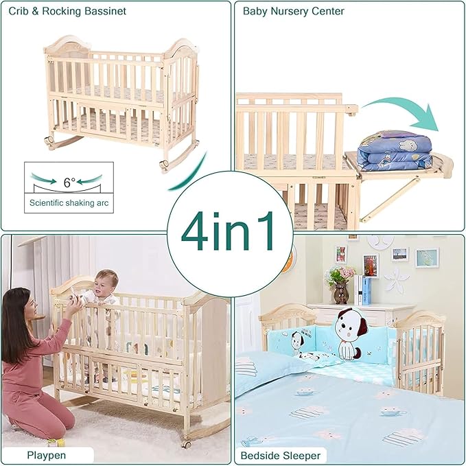 Portable Mini Baby Crib 4 in 1 Convertible with Memory Foam Mattress(38" by24) Included,cunas para Bebes 2025 Small Crib with Foldable Storage Baby Playpen Bedside Sleeper Beds(Natural Wood)