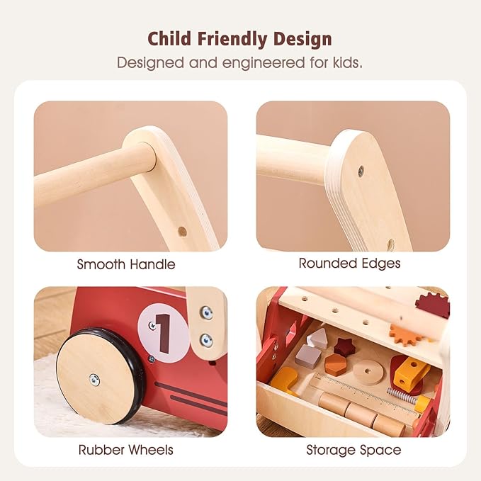 IEATFO 3-in-1 Wooden Baby Walker Adjustable Height with Tool Bench and Toy Storage Wagon - Multifunctional Toddler Push Walker Ergonomically Designed for Natural Walking - 3+ Years of Continuous Use