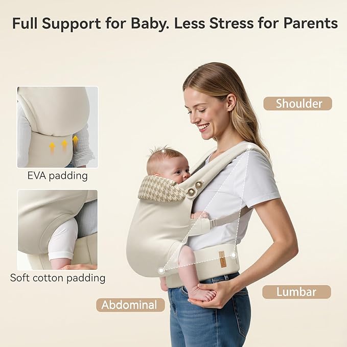 Reversible Baby Carrier, Khaki Solid & Houndstooth; Lightweight, Cooling & Breathable Lyocell Fabric; Ergonomic Lumbar Support and Quick Hands-Free Wear for Newborn to Toddler (7–44 lbs)