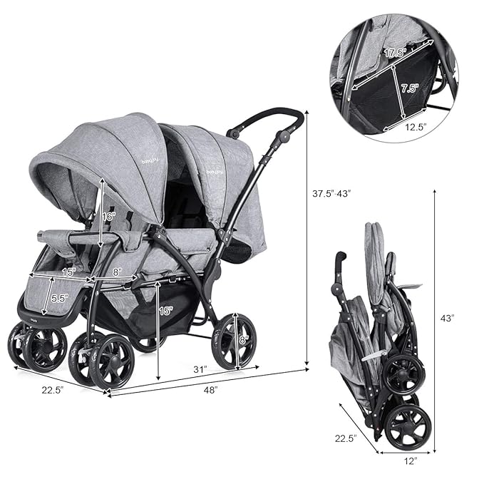 BABY JOY Double Stroller, Foldable Lightweight Twin Stroller with Tandem Seating, Adjustable Backrest/Canopy/Footrest, 5-Point Harness, Storage Basket, Newborn and Toddler (Gray)