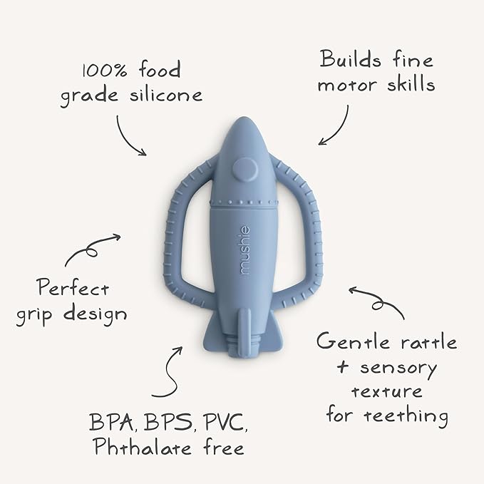 mushie Silicone Baby Rocket Rattle Teether Toy