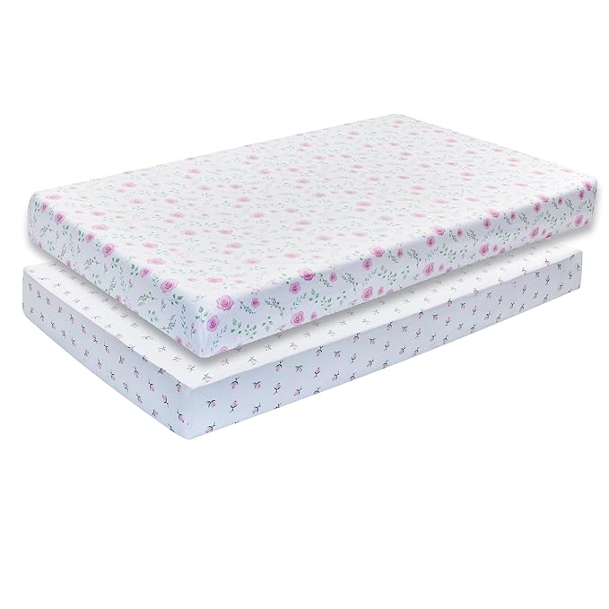 EVERYDAY KIDS 2 Pack Fitted Girls Crib Sheet, 100% Soft Breathable Microfiber Baby Sheet, Fits Standard Size Crib Mattress 28in x 52in, White and Pink Nursery Sheets with Flowers, Roses and Rosebuds