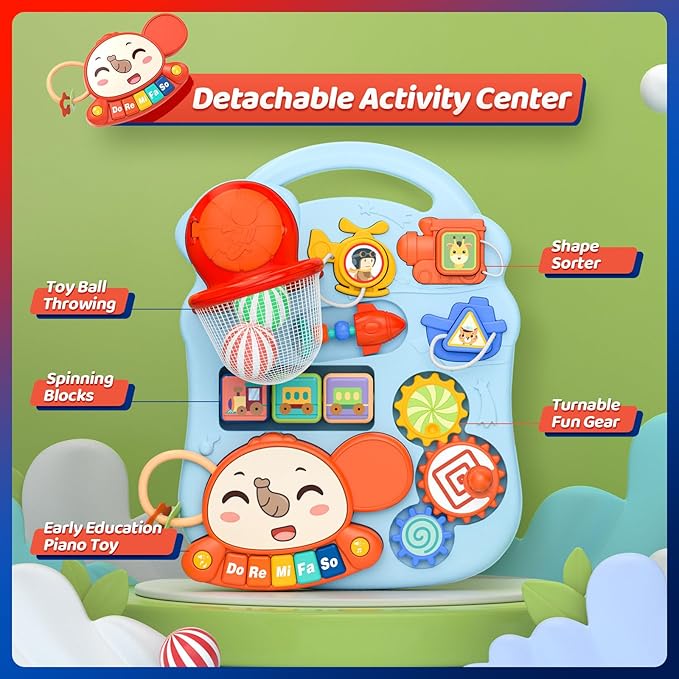 CUTE STONE 5 in 1 Walker for Baby Boy, Sit to Stand Push Walker with Activity Center Learning to Walk, Early Push Walking Toys Gift for Toddler Infant Blue