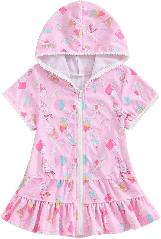 Girls Hooded Zip Terry Coverups Swimsuit Kids Baby Girl Floral Print Short Sleeve Swim Cover-Up Swimwear