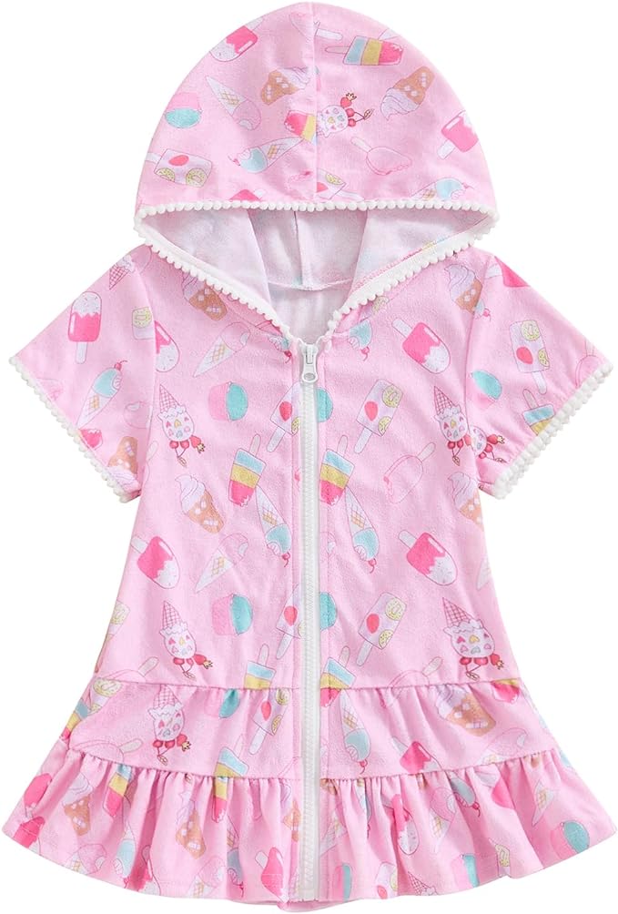 Girls Hooded Zip Terry Coverups Swimsuit Kids Baby Girl Floral Print Short Sleeve Swim Cover-Up Swimwear