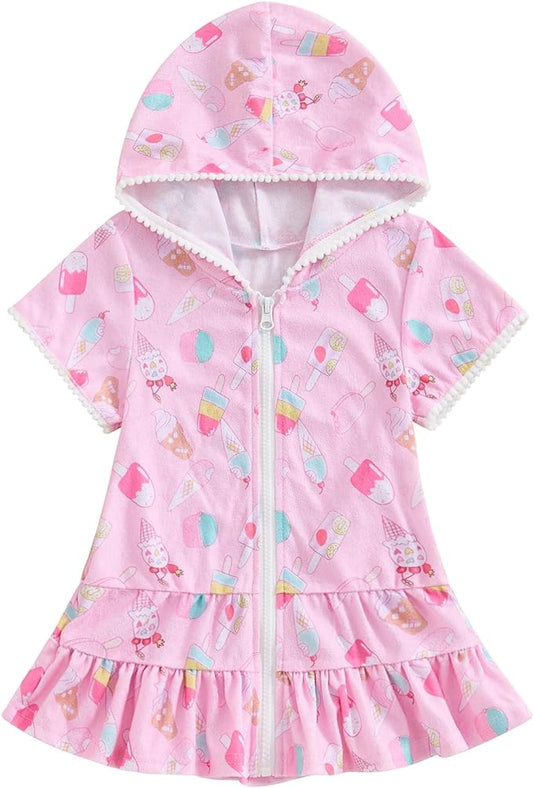 Girls Hooded Zip Terry Coverups Swimsuit Kids Baby Girl Floral Print Short Sleeve Swim Cover-Up Swimwear