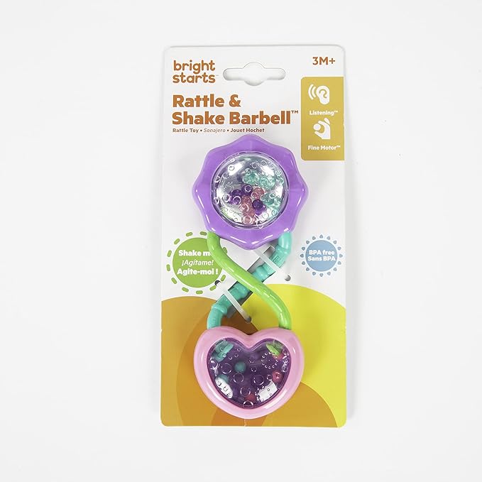 Bright Starts Rattle and Shake Barbell Toy - Pretty in Pink, Ages 3 Months + (Pack of 2)