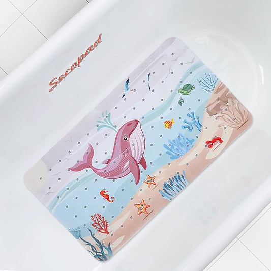 Baby Bath Mat for Tub for Kids, Medium Size 27.5in x 16in Non Slip Cartoon Bath Tub Shower Mat Anti Slip with Drain Holes and Suction Cups Machine Washable, Rosy Whale