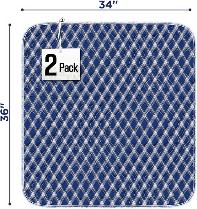 Non-Slip Bed Pads for Incontinence Washable (34" x 36"|2 Pack), Waterproof Bed Pads, Navy Blue Grid, Bed Wetting Pads for Bed, Sofa, Floor, Resuable Underpads for Adults, Seniors, Pet