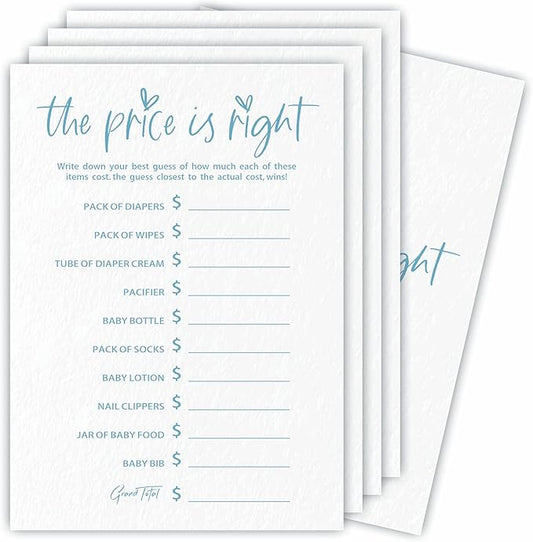 The Price is Right Game Set For Baby Shower - Minimalism White & Blue - 30 Double-Sided Fill In Style Game Cards For Gender Reveal, Baby Announcement, Party Favor & Supplies - C06
