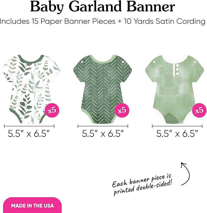 Big Dot of Happiness Boho Botanical Baby Garland Banner, Greenery Baby Shower, Gender Neutral Decorations, 30 Feet of Cord, 15 Double-Sided Green Baby Bodysuits