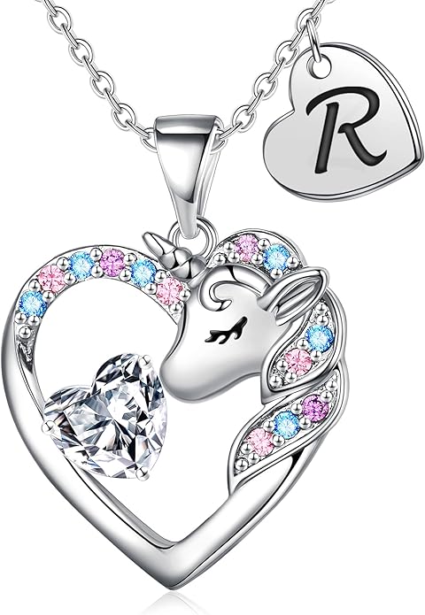 Unicorn Necklace Gifts for Girls Kids - Colorful CZ Heart Initial Necklaces Unicorn Necklace for Girls Jewelry Birthday Gifts for Little Girl Kids