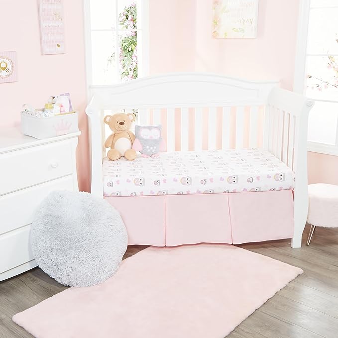 EVERYDAY KIDS 2 Pack Fitted Girls Crib Sheet, 100% Soft Breathable Cotton Baby Sheet, Fits Standard Size Crib Mattress 28in x 52in, White Nursery Sheet with Pink Owls and Hearts and a Solid Pink