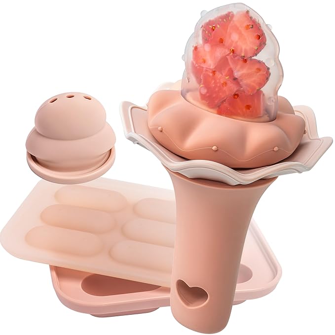 Moonkie Baby Fruit Feeder with Freezer Tray, Breastmilk Popsicle Molds for Teething Relief, BPA Free Silicone Food Feeder for Infant Self Feeding, Two Pouches, Baby Shower Gifts 4 Months+, 1 Pack
