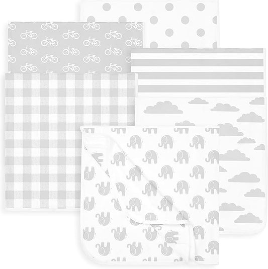 Baby Blankets - Soft Pure Cotton Swaddle Blankets for Boys and Girls - 6 Pack Grey & White Designs - Multi Use - 30 x 30 Inches