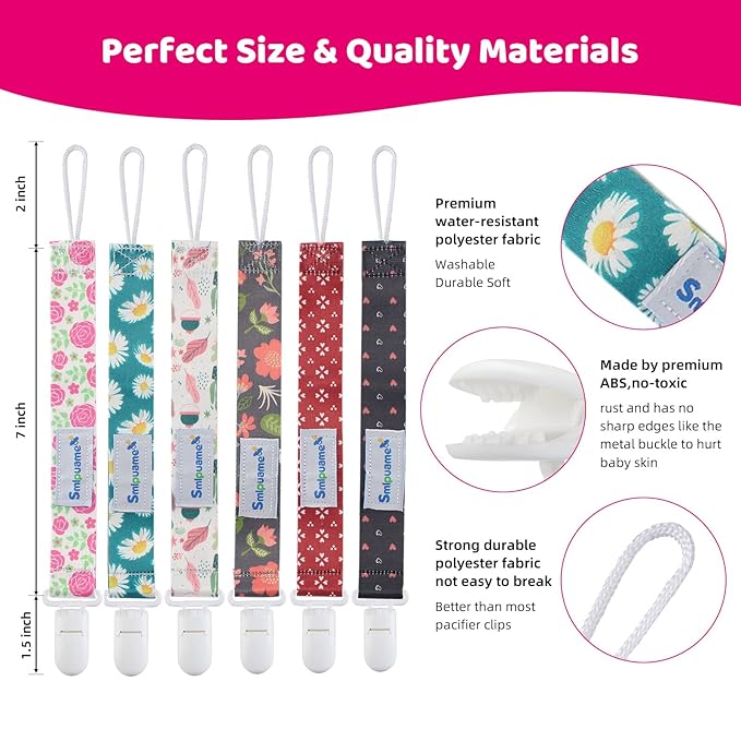 Smlpuame Pacifier Clip Girl,12 Pack Stylish Binky Clips Strap for Baby Girls,Paci Holder with Clip Lightweight Universal Fits Most Pacifiers Teether Toy Teething Ring Soothie,Baby Gifts