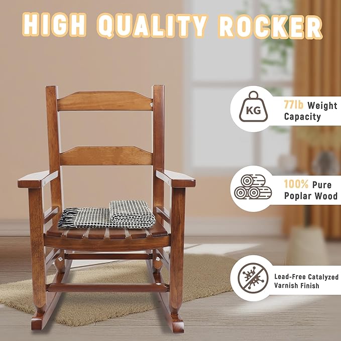 Toddler Rocking Chair Set of 2 for Kids Comfy Recliner Wooden Rocker for Baby Children Ages 3-6 Outdoor Lounge Chair Girls Indoor Playroom Brown