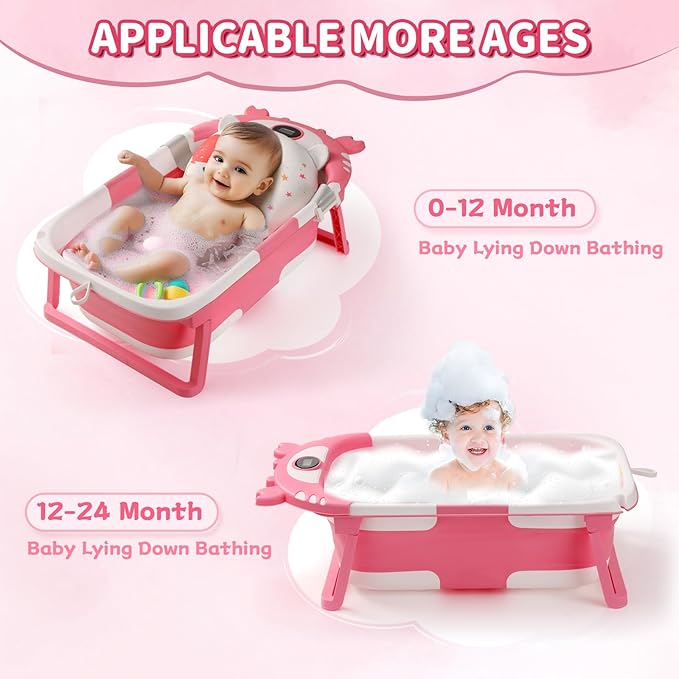 Baby Bathtub,Collapsible Baby Bath Tub with Thermometer & Soft Floating Cushion,Portable Travel Baby Bathtubs for Newborns to Toddlers 0-36 Months(Crab Blue)