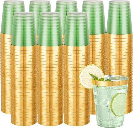 supernal 100 Pack Green Plastic Cups - 10 Oz Clear Green Plastic Disposable Cups with Gold Trim,Heavy Duty & BPA-free for Wedding,Cocktail,Birthday,Party & Elegant Events,Disposable Cocktail Glasses